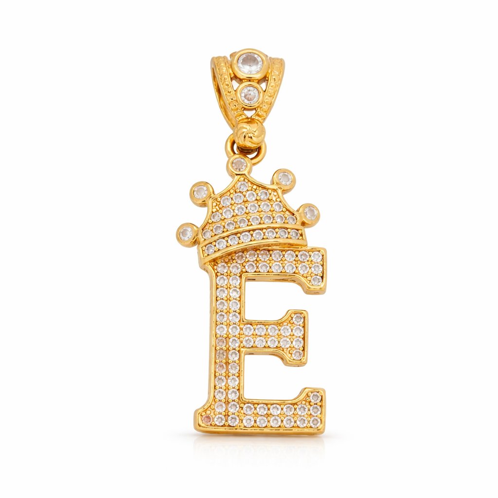 14K Yellow Gold CZ Pavé Crown “E” Initial Pendant