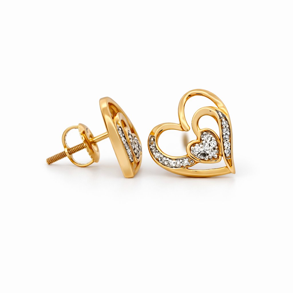 14K Yellow Gold Tone Double Heart CZ Stud Earrings (Screw-Back)