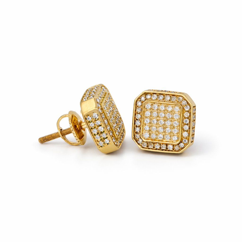 14K Yellow Gold Tone Pavé Natural Diamond Square Stud Earrings