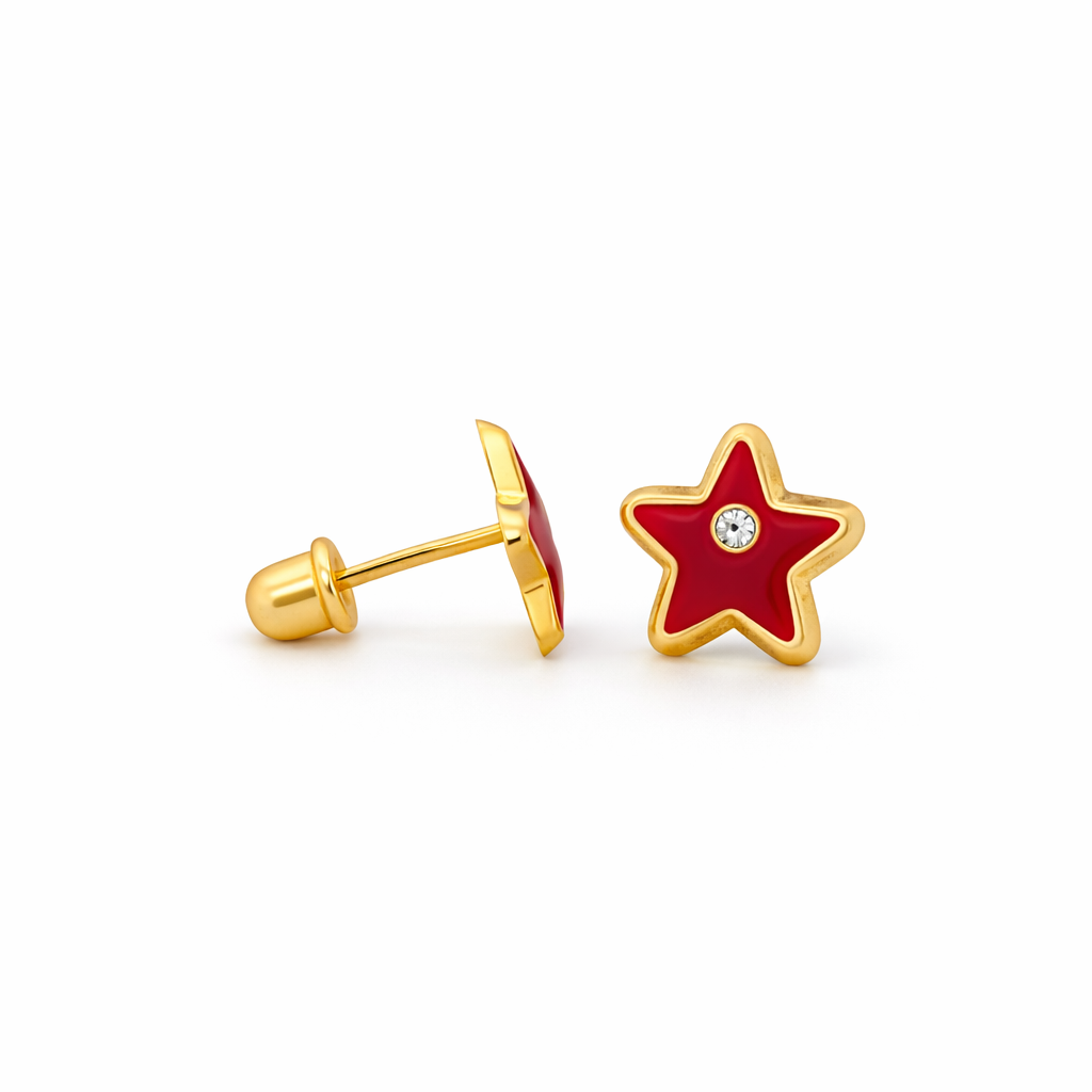 14K Yellow Gold Red Enamel Star Stud Earrings with Clear Stone
