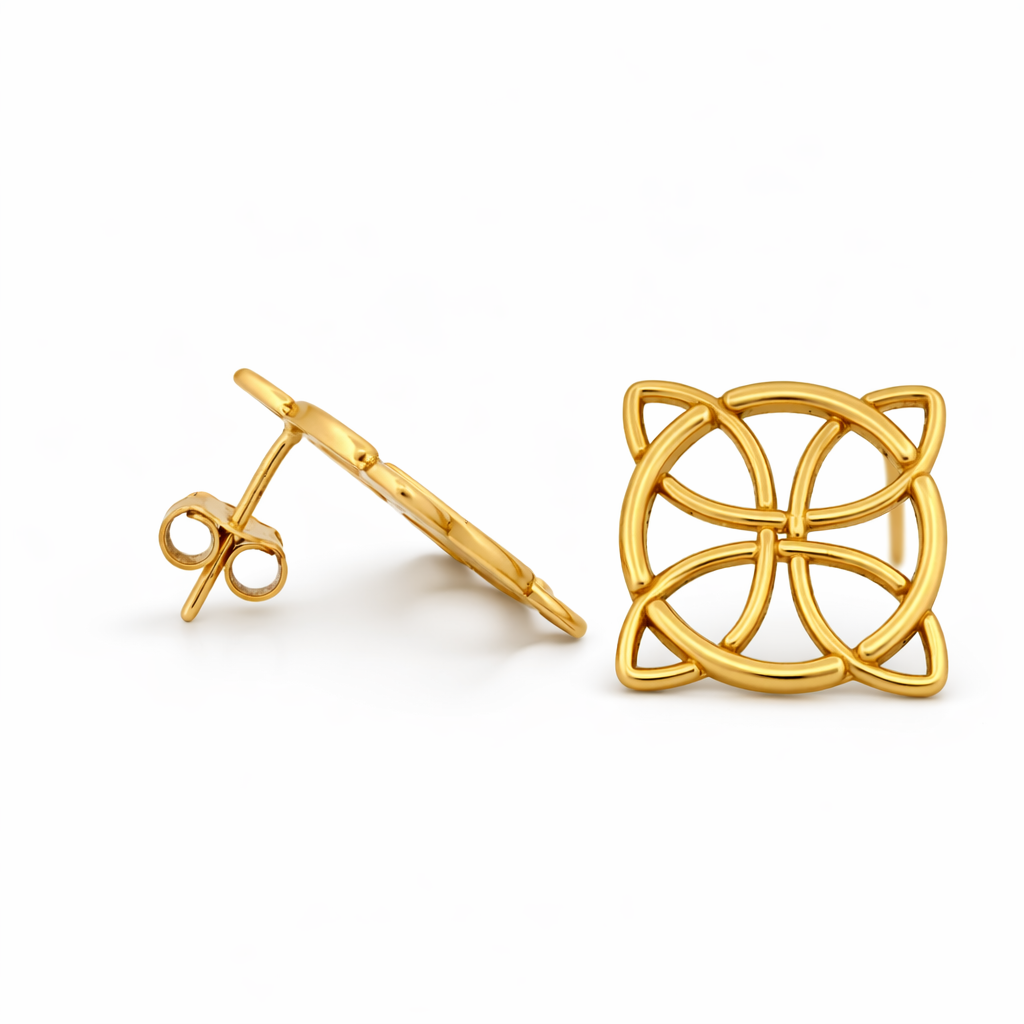 14K Yellow Gold Geometric Openwork Square Stud Earrings