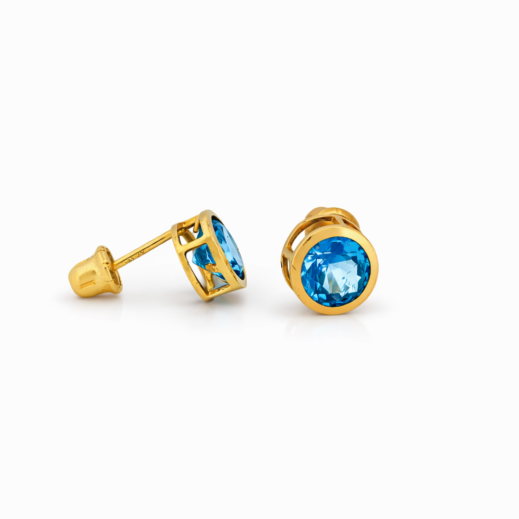 14K Yellow Gold Round Blue Bezel-Set Stud Earrings