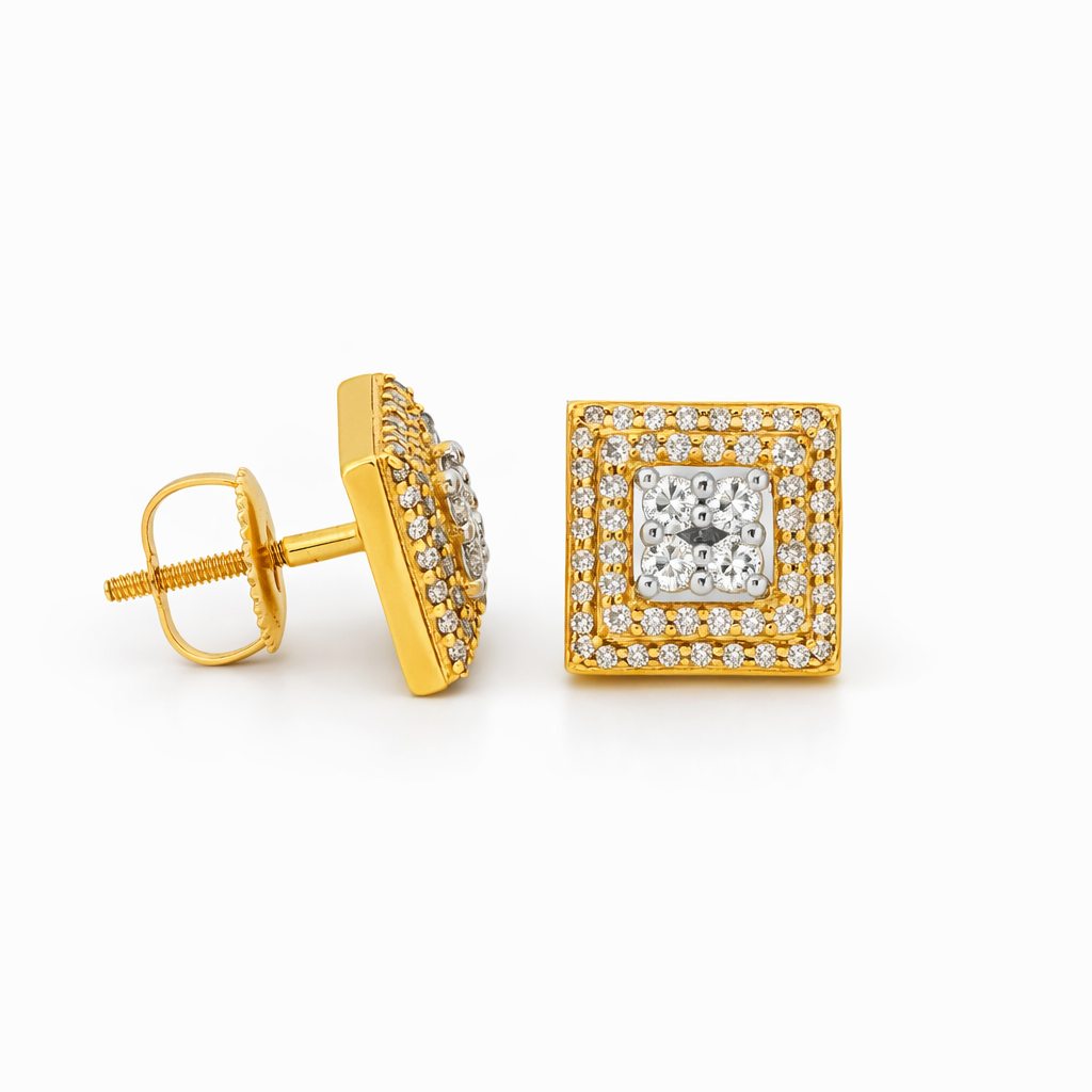 14K Yellow Gold Diamond Double Halo Square Stud Earrings