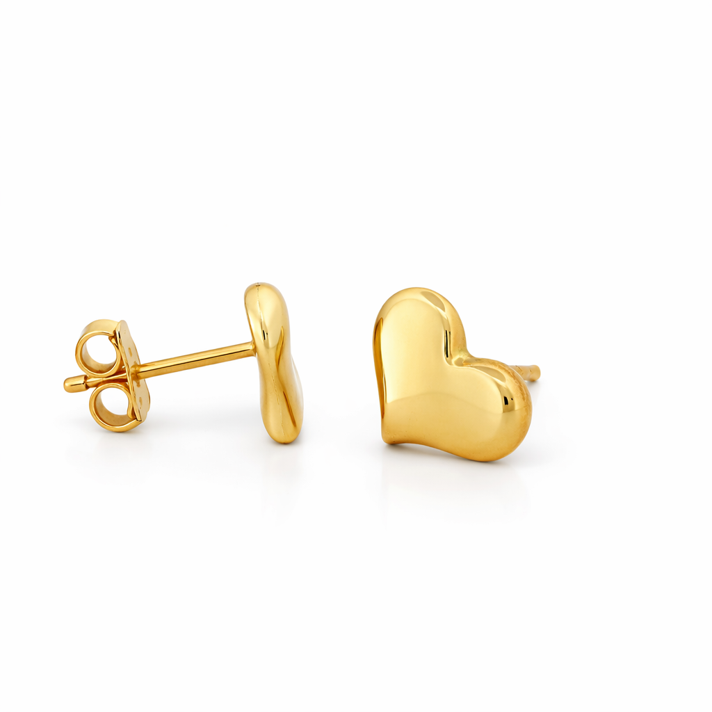 14K Yellow Gold Puffy Heart Stud Earrings