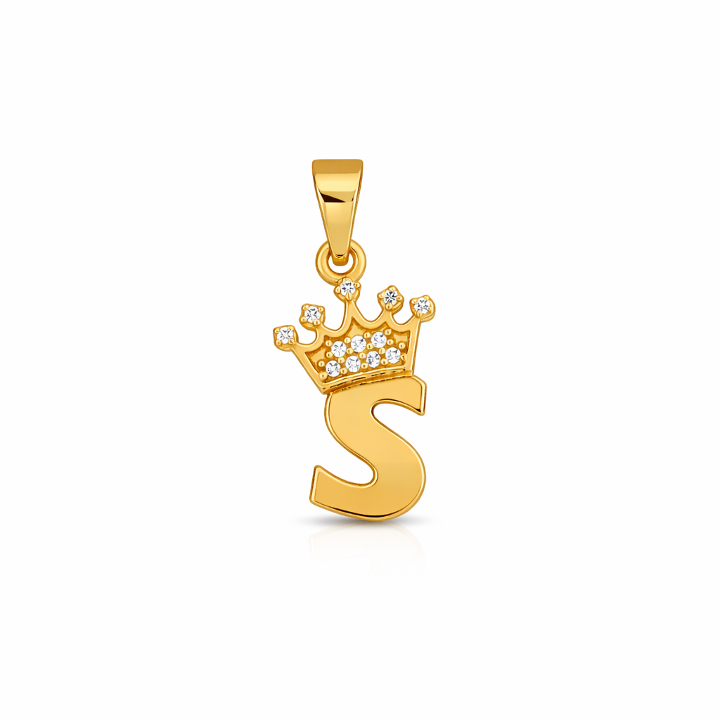 18K Yellow Gold CZ Crown “S” Initial Pendant