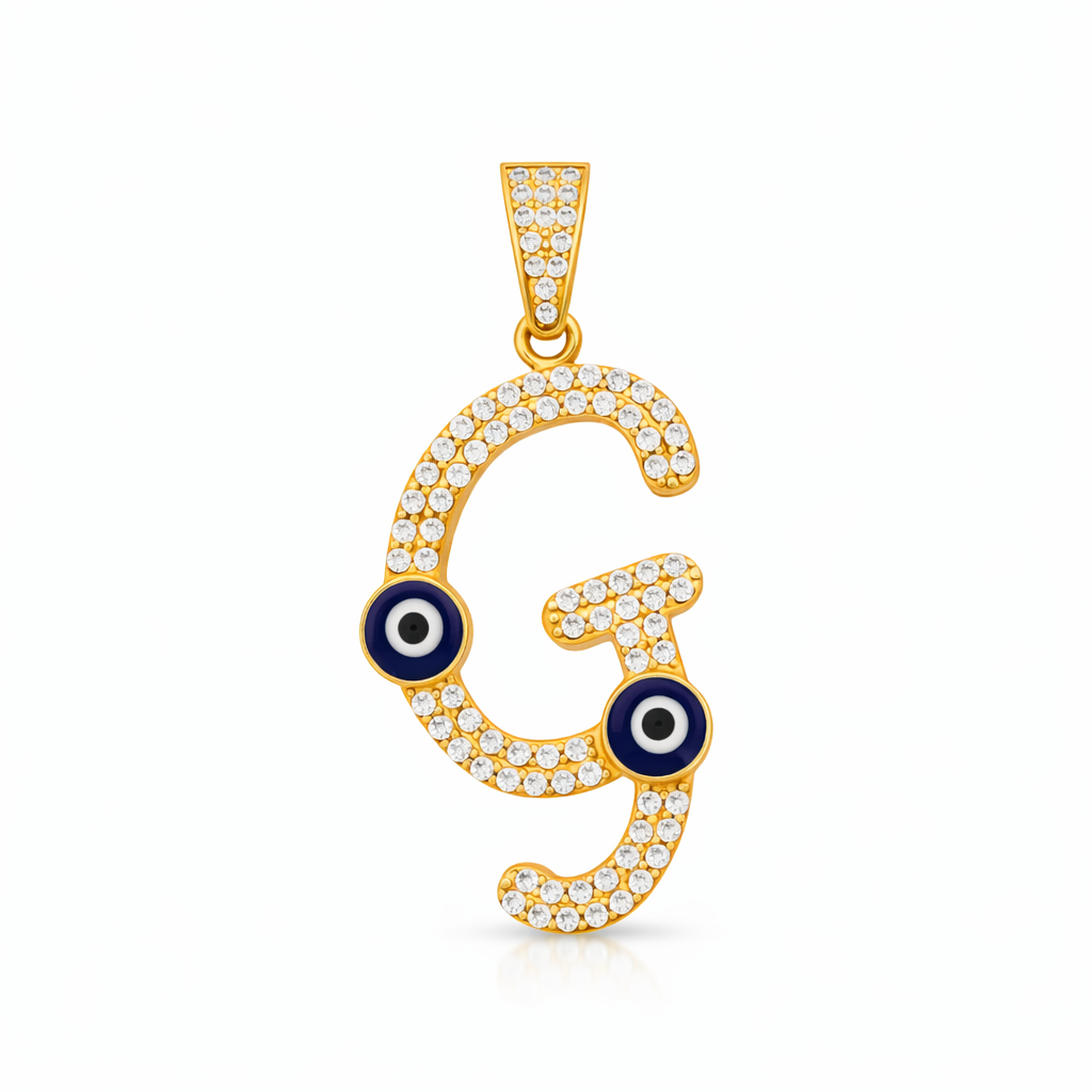 10K Yellow Gold CZ “G” Initial Pendant with Evil Eye