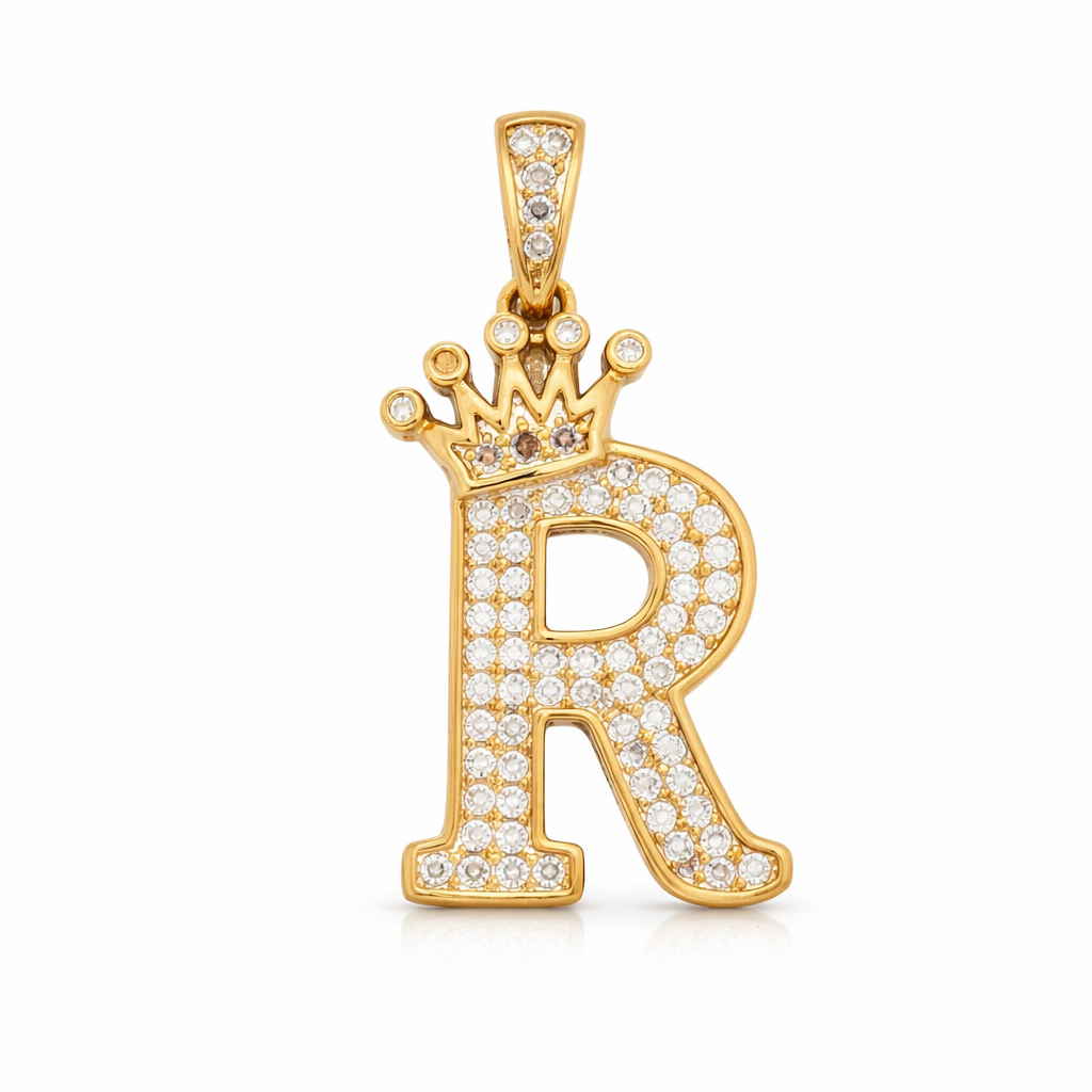 10K Yellow Gold CZ Pavé Crown “R” Initial Pendant