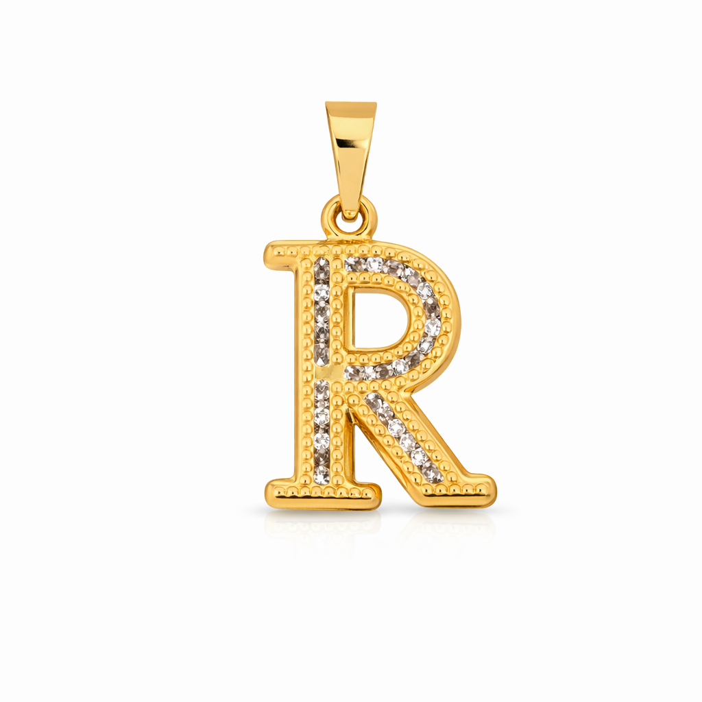 14K Yellow Gold CZ “R” Initial Pendant