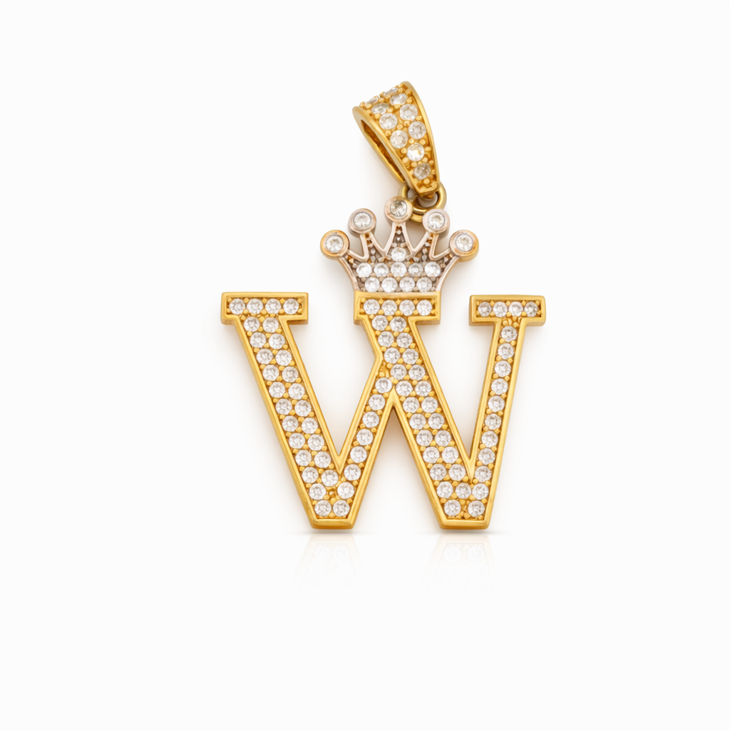 14K Yellow Gold CZ Pavé Crown “W” Initial Pendant