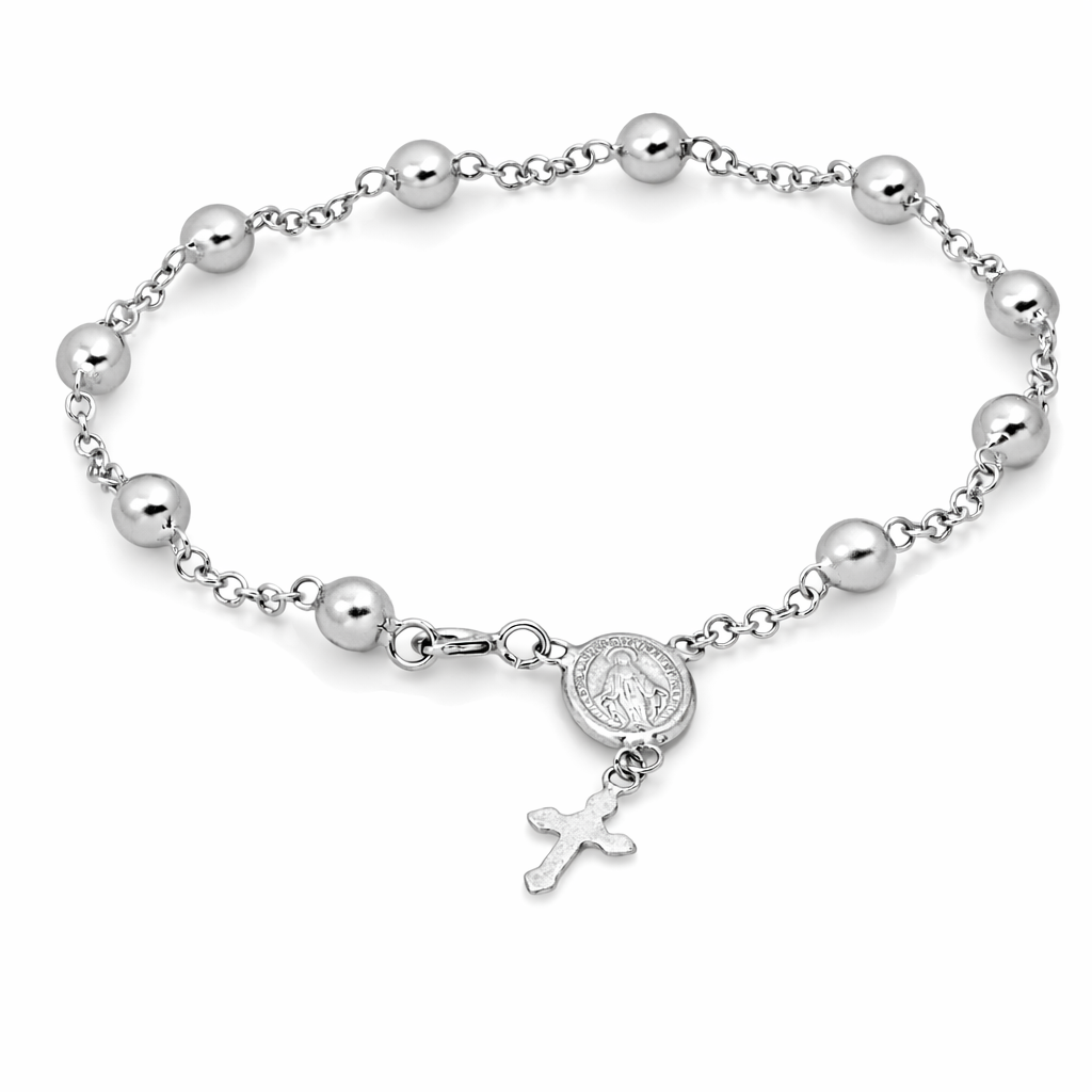18K White Tone Rosary Bead Women’s Bracelet with Miraculous Medal and Cross
