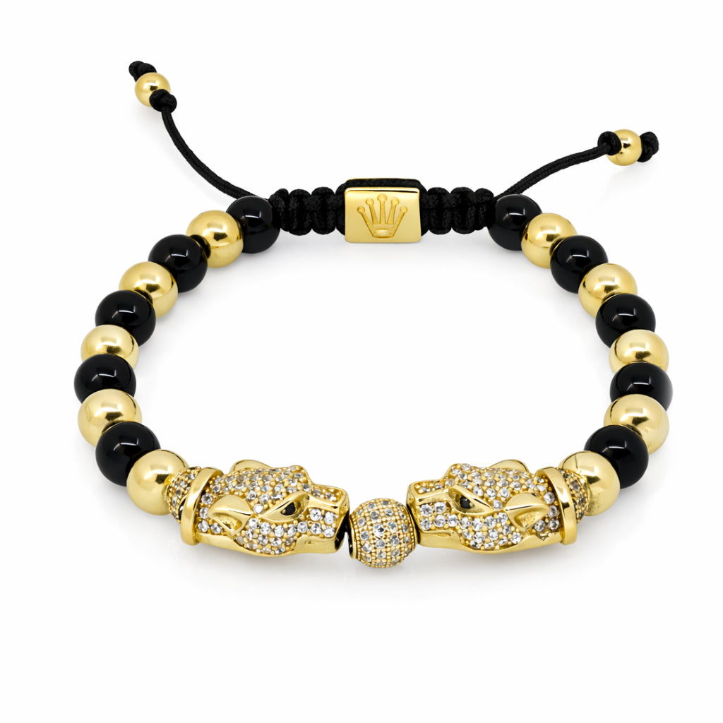 14K Yellow Gold and Onyx Beads Panther Bracelet