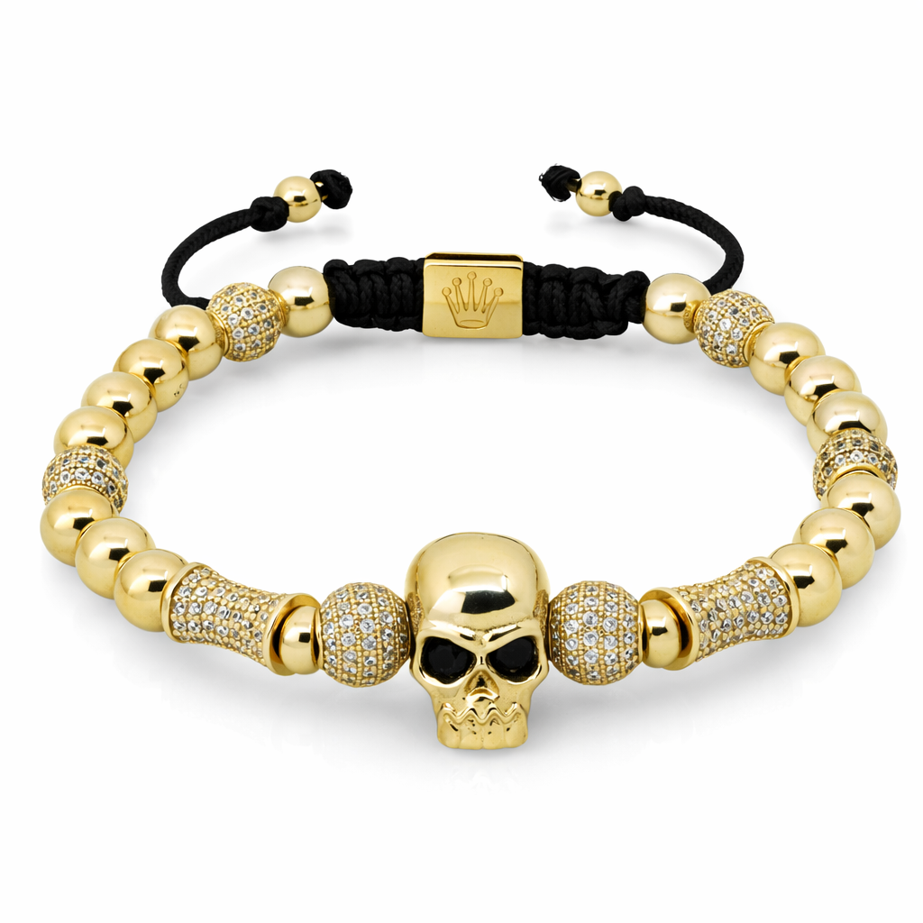 14K Yellow Gold Skull and Onyx Beads Bracelet
