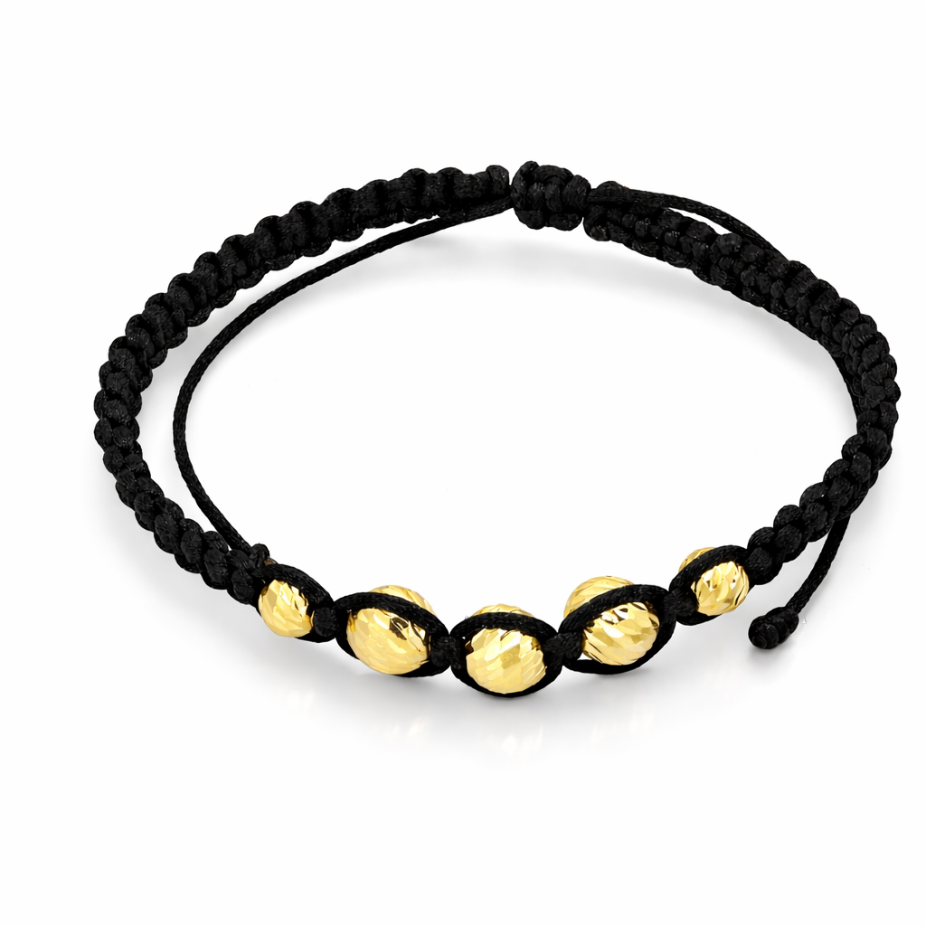 18K Yellow Gold Diamond-Cut Beads Black Macramé Women’s Bracelet