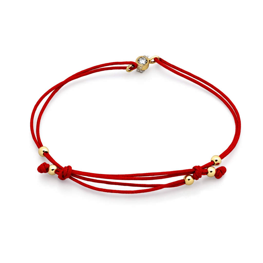 14K Yellow Gold Adjustable Red Multi-Strand Cord Bracelet with CZ Charm