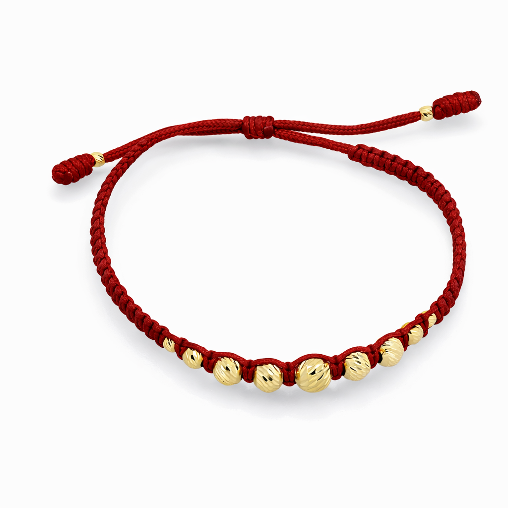 18K Yellow Gold Adjustable Red String Women’s Bracelet with Gold Beads