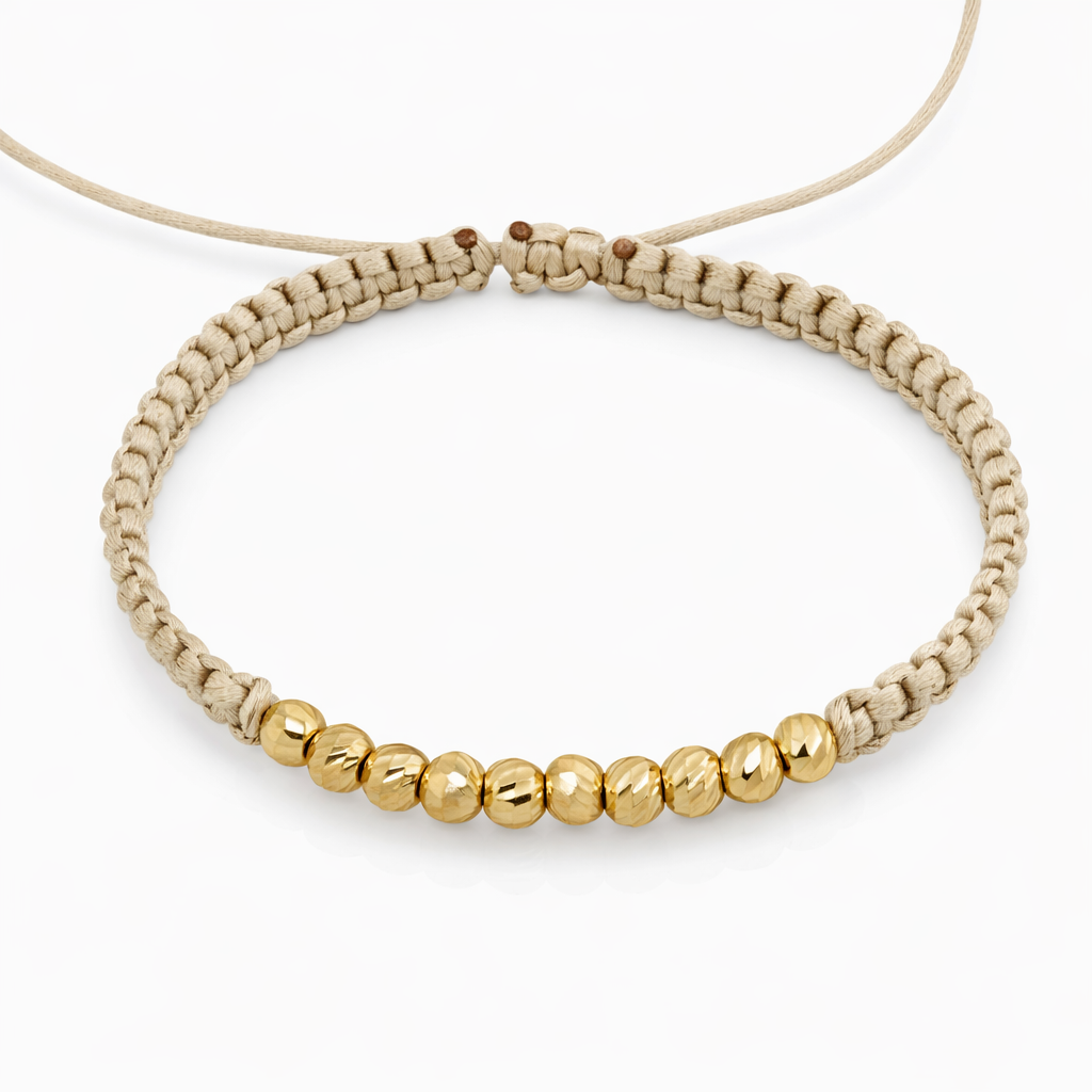 Women’s 10K Yellow Gold Beige Macramé Bracelet with Yellow Gold Beads