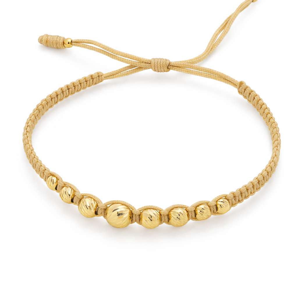 18K Yellow Gold Adjustable Beige Macramé Bracelet with Gold Beads