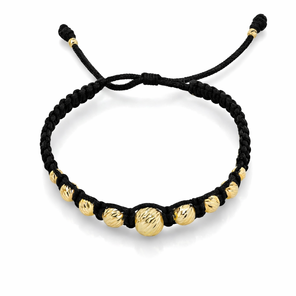 10K Yellow Gold Beads Adjustable Black Macramé Women’s Bracelet