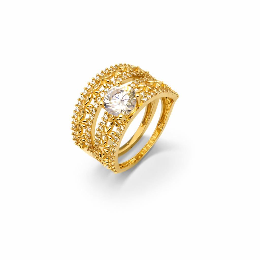 10K Yellow Gold Floral Filigree Wide Band Ring – Round Solitaire Center