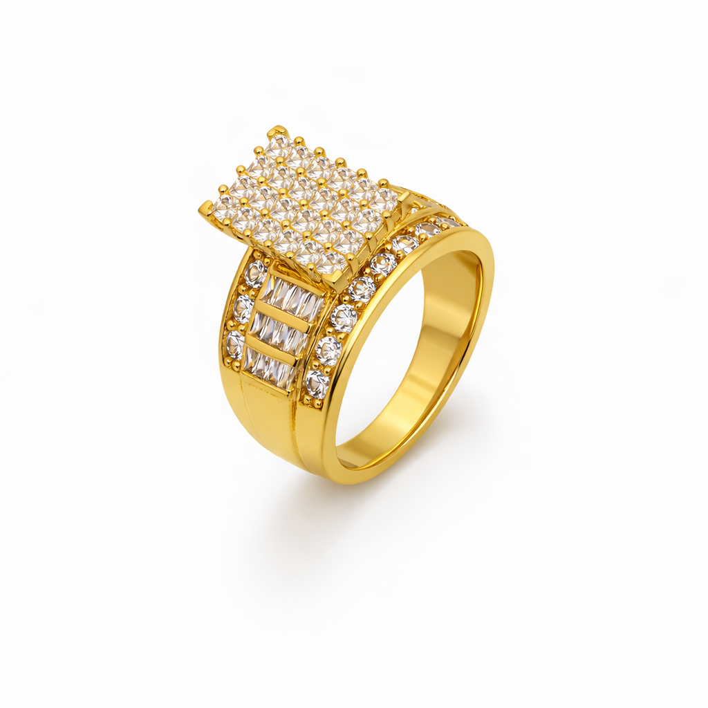 10K Yellow Gold Princess Cluster Ring – Iced Out Baguette & Round Stone Shank