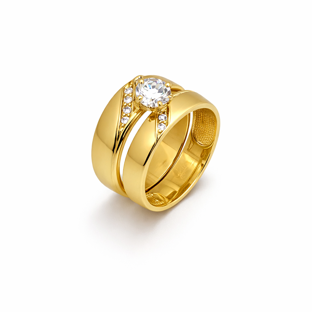 14K Yellow Gold Wide Band Solitaire Ring & Plain Band Set – Round Center Stone