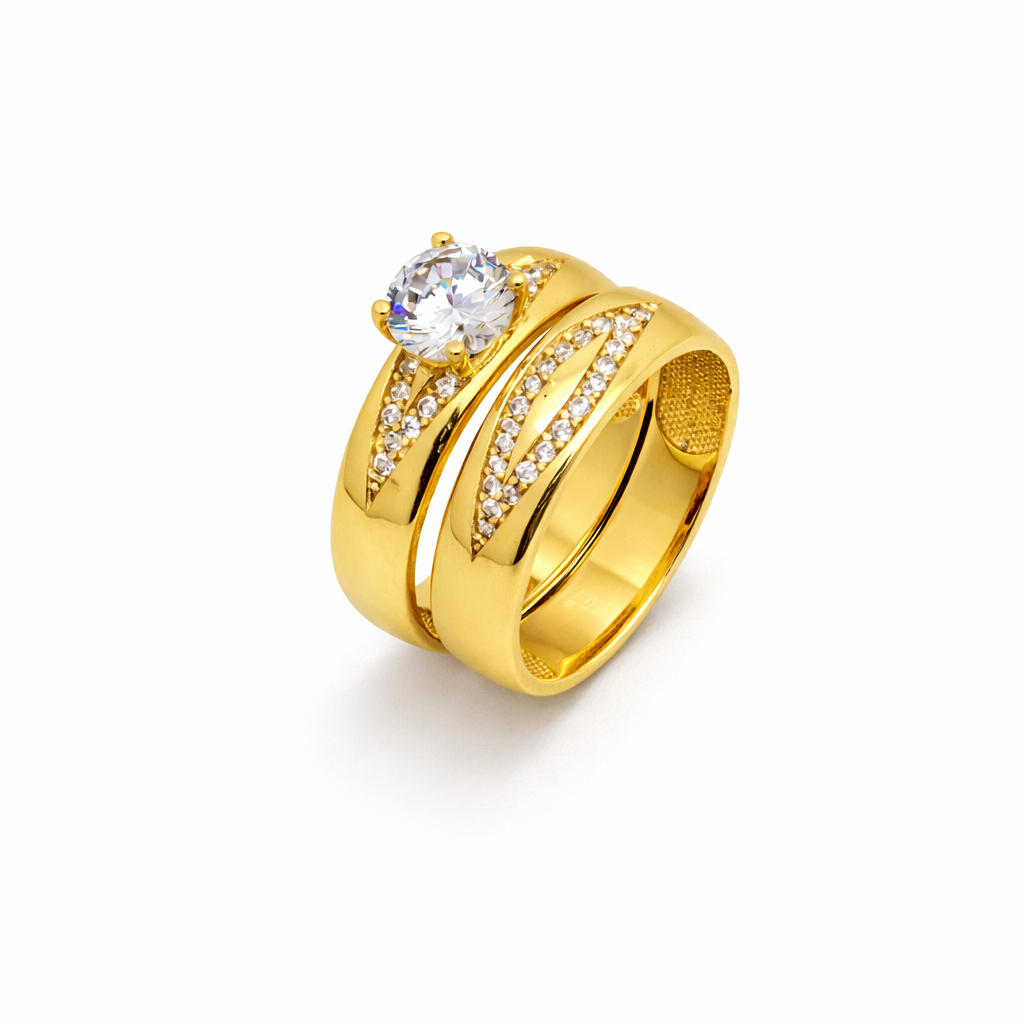 14K Yellow Gold Solitaire Engagement Ring & Wide Plain Band Set – Diagonal Pavé Shank