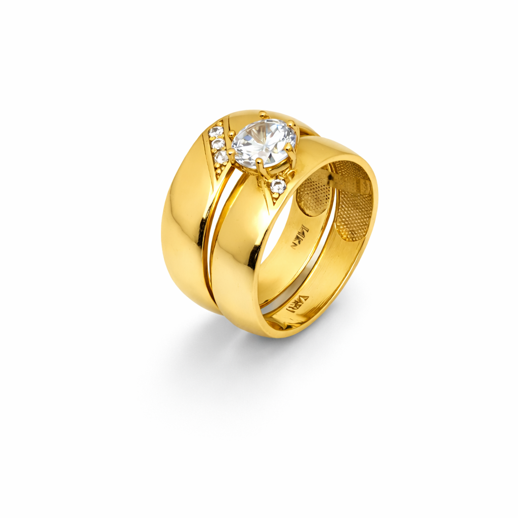 14K Yellow Gold Round Solitaire Wide Band Ring & Plain Band Set – Accent Stone Shoulder