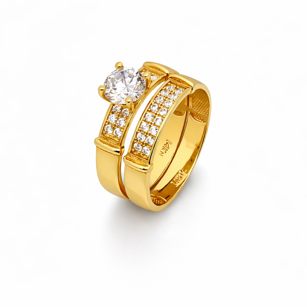 14K Yellow Gold Solitaire Engagement Ring & Double-Row Pavé Band Set – Bar Accent Shoulders
