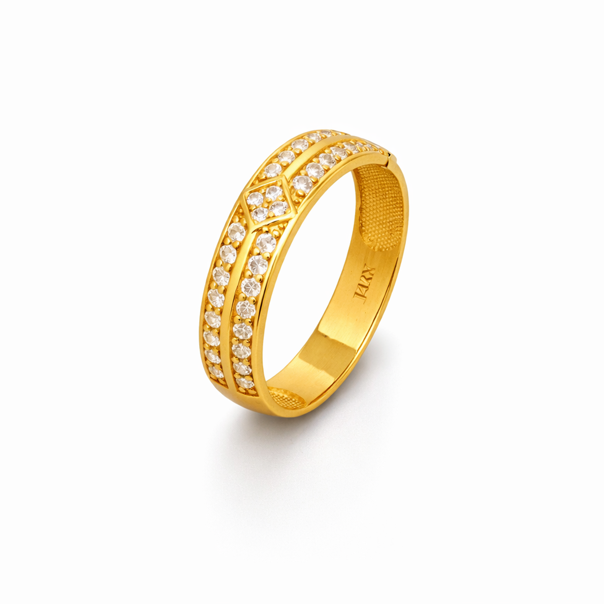 14K Yellow Gold Double-Row Pavé Band Ring – Diamond-Shape Center Accent