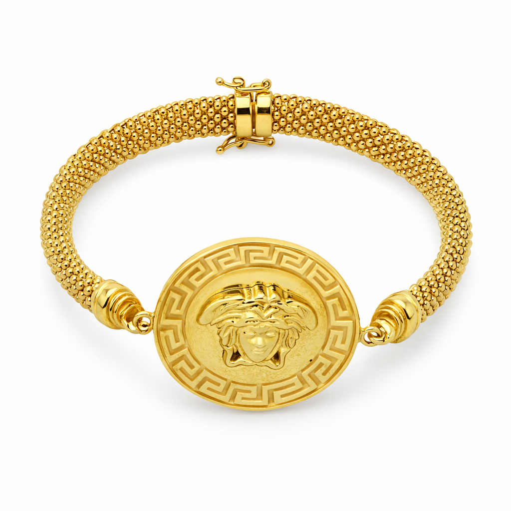 10K Yellow Gold Medusa Medallion Mesh Bangle Bracelet