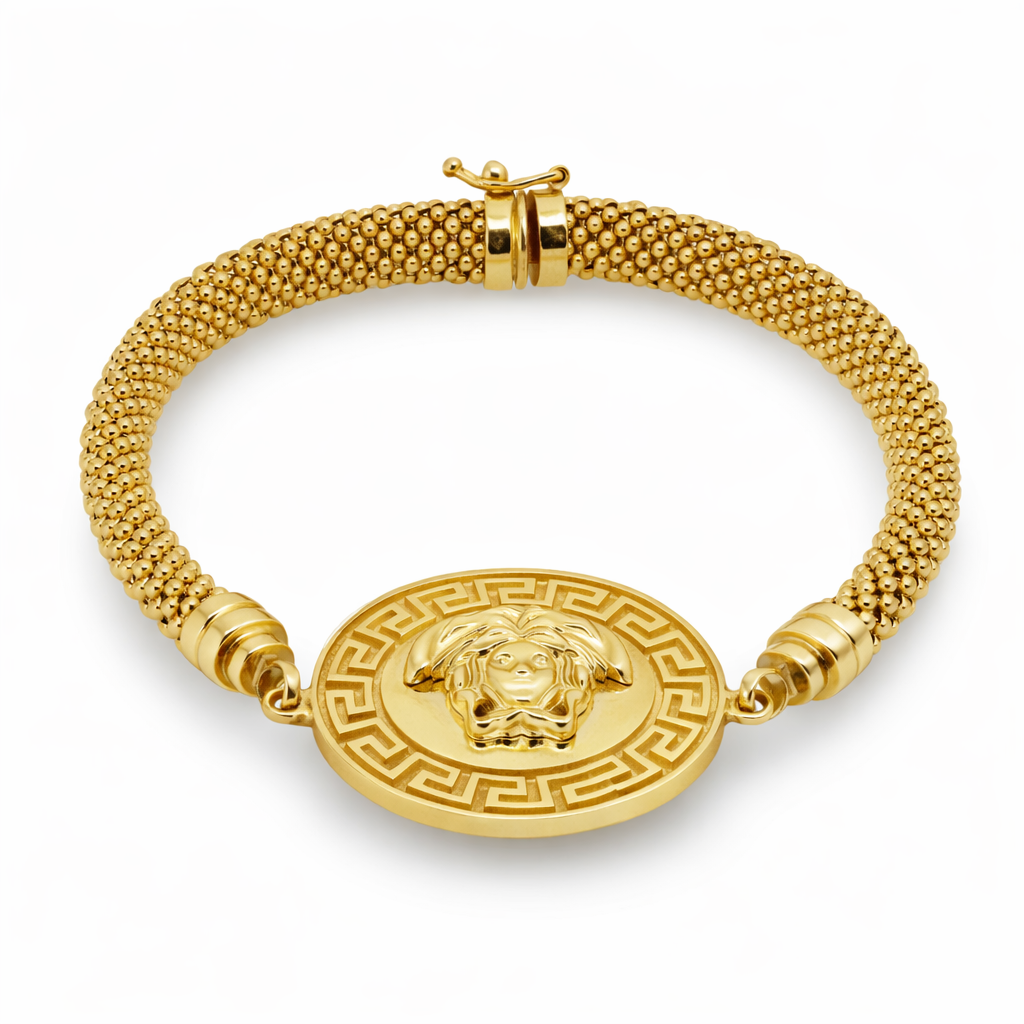 10K Yellow Gold Medusa Medallion Mesh Bangle Bracelet