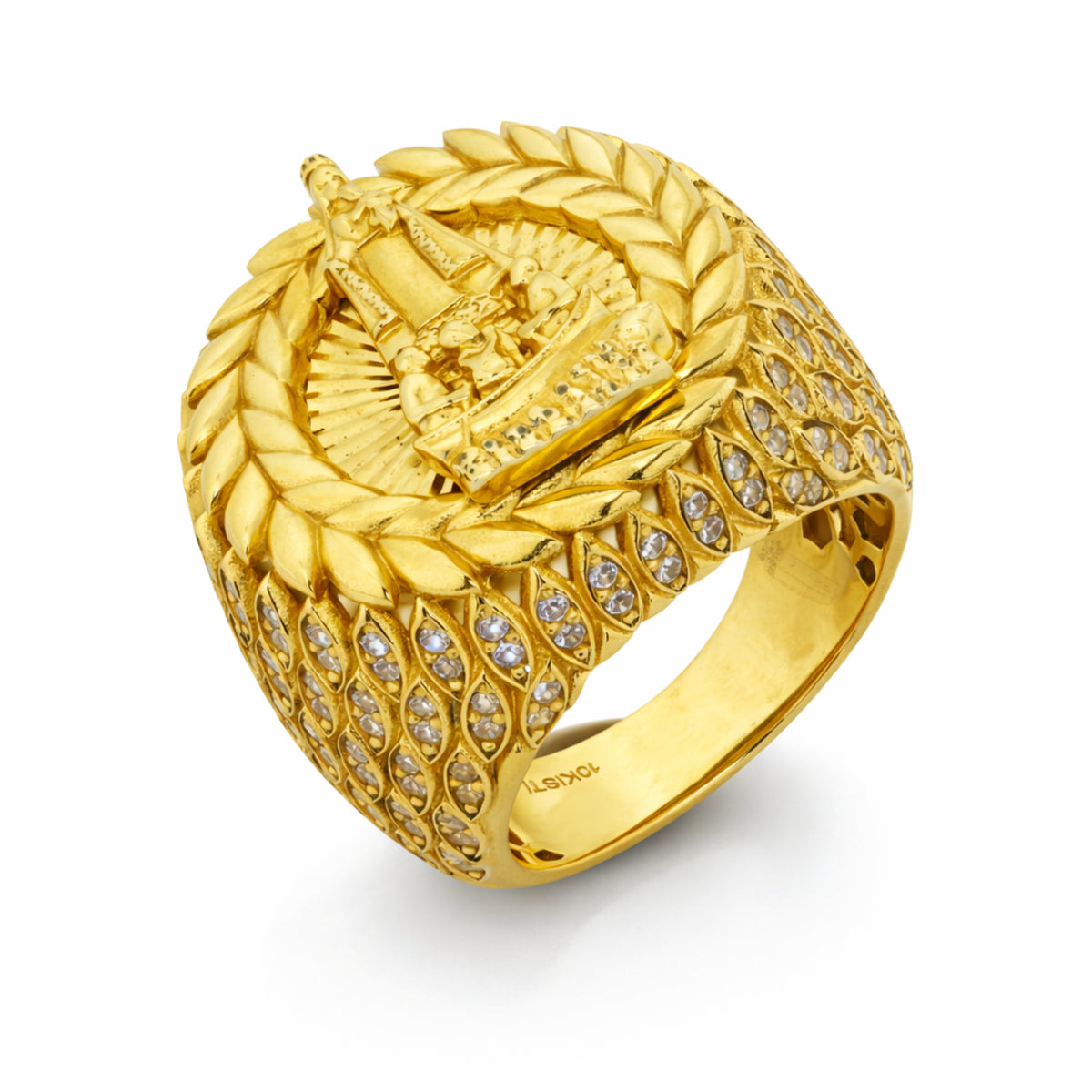 10K Yellow Gold Virgin Mary Laurel Medallion Ring