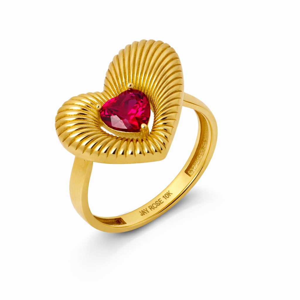 10K Yellow Gold Fluted Red Heart Stone Women's Ring