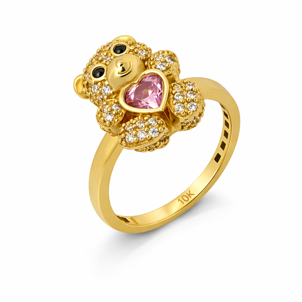 10K Yellow Gold Teddy Bear with Pink Heart Women's Ring