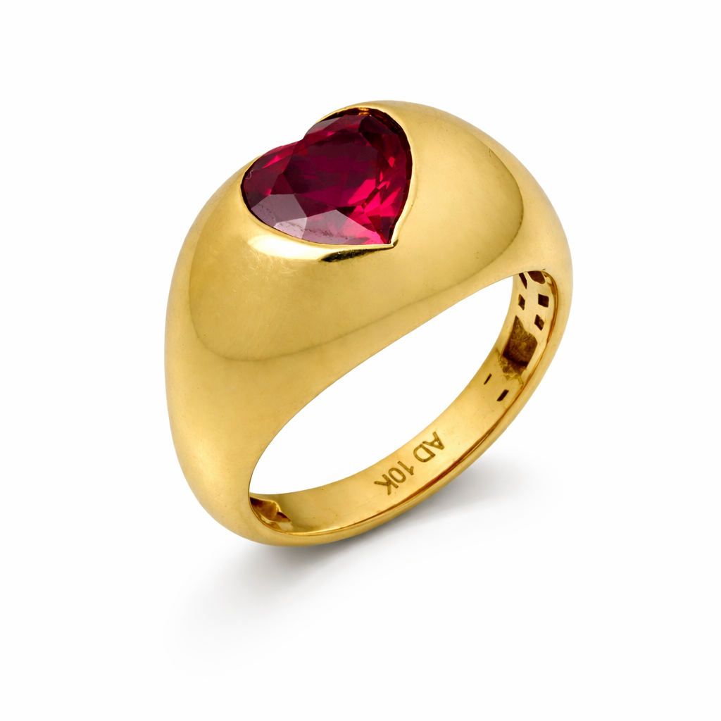 10K Yellow Gold Wide Dome Red Heart Stone Women's Ring