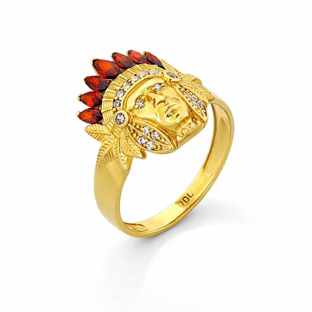 10K Yellow Gold Native Chief Ring with Red Stones