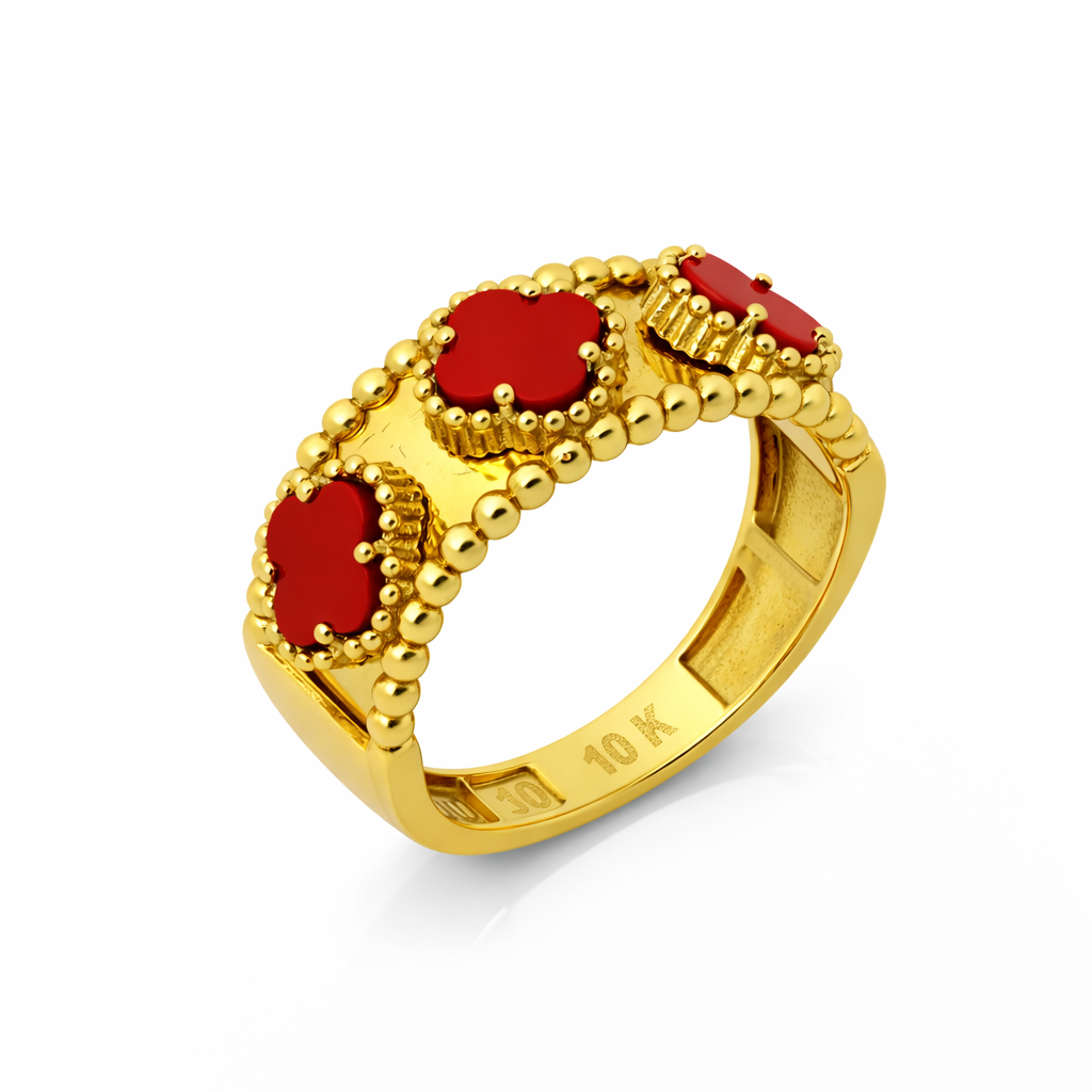 10K Yellow Gold Red Clover Enamel Band Women's Ring