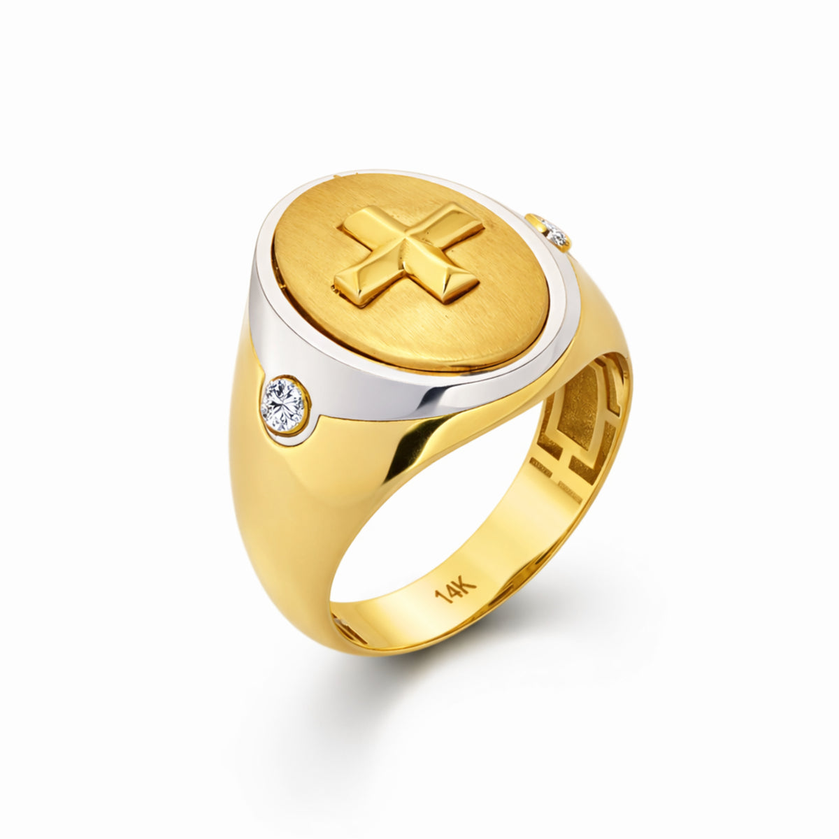 10K Two-Tone Gold Cross Signet Ring