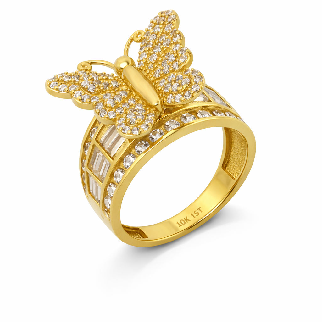 10K Yellow Gold Butterfly CZ Pavé Women's Ring