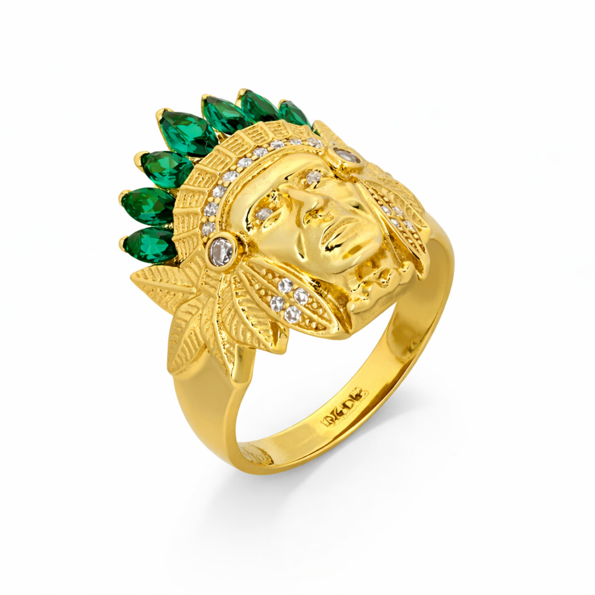 10K Yellow Gold Native Chief Ring with Green Stones
