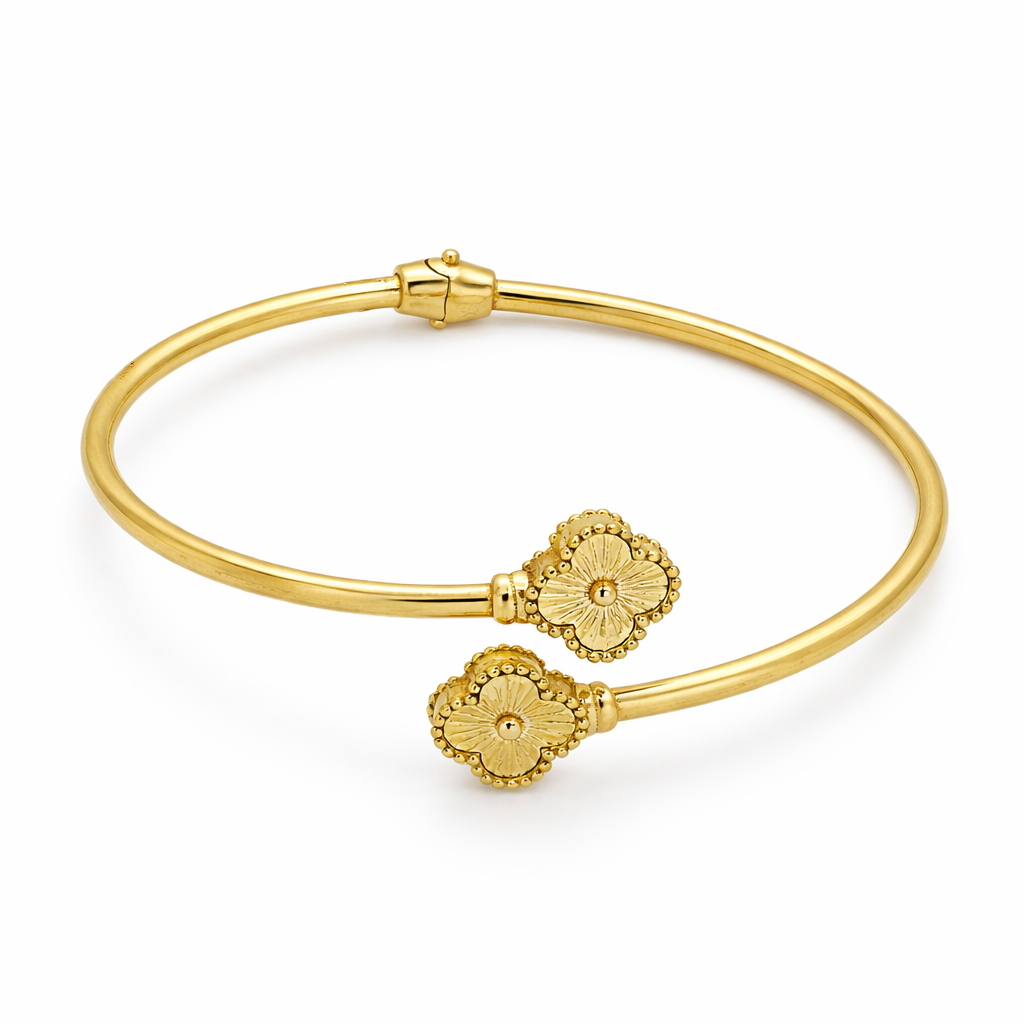 10K Yellow Gold Clover Cuff Bangle Bracelet