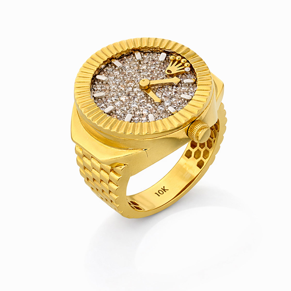 10K Yellow Gold CZ Watch Face Ring