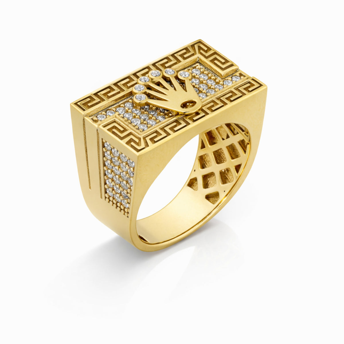 10K Yellow Gold Greek Key Crown Signet Ring