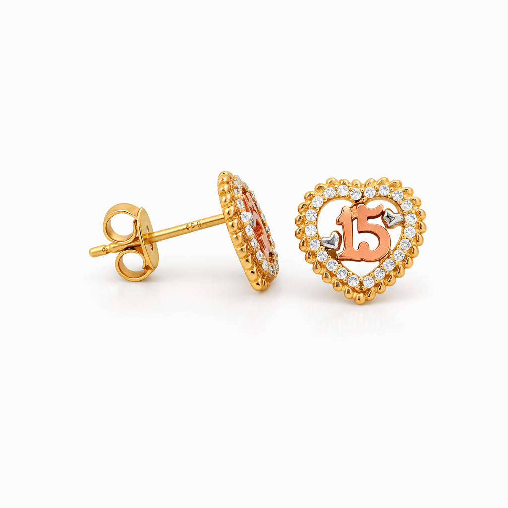 14K Tri-Color Gold CZ Heart 15 Stud Earrings