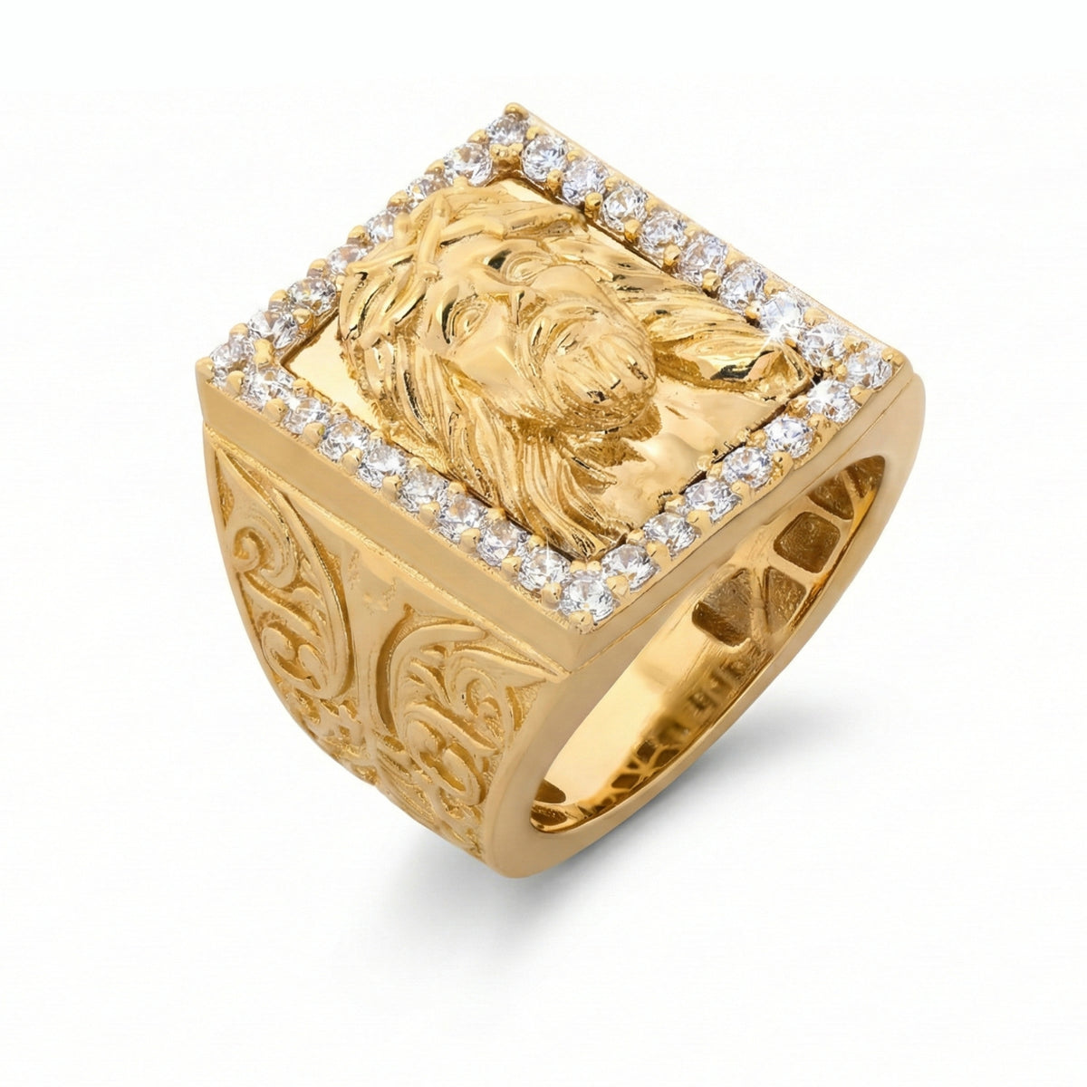 14K Yellow Gold Jesus Christ Signet Ring with CZ Halo