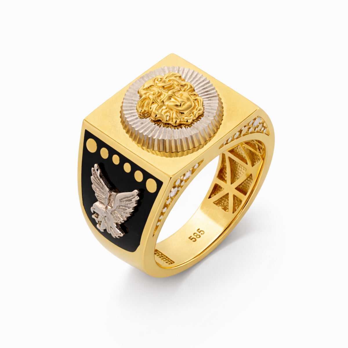 14K Two-Tone Gold Lion Head Medallion Signet Ring