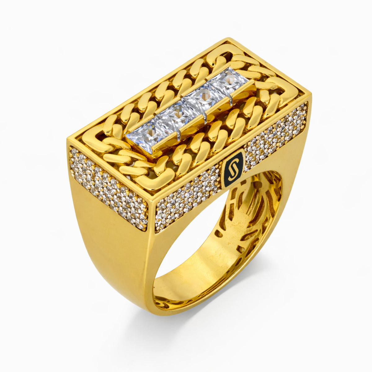 14K Yellow Gold Cuban Link Ring with Princess-Cut CZ