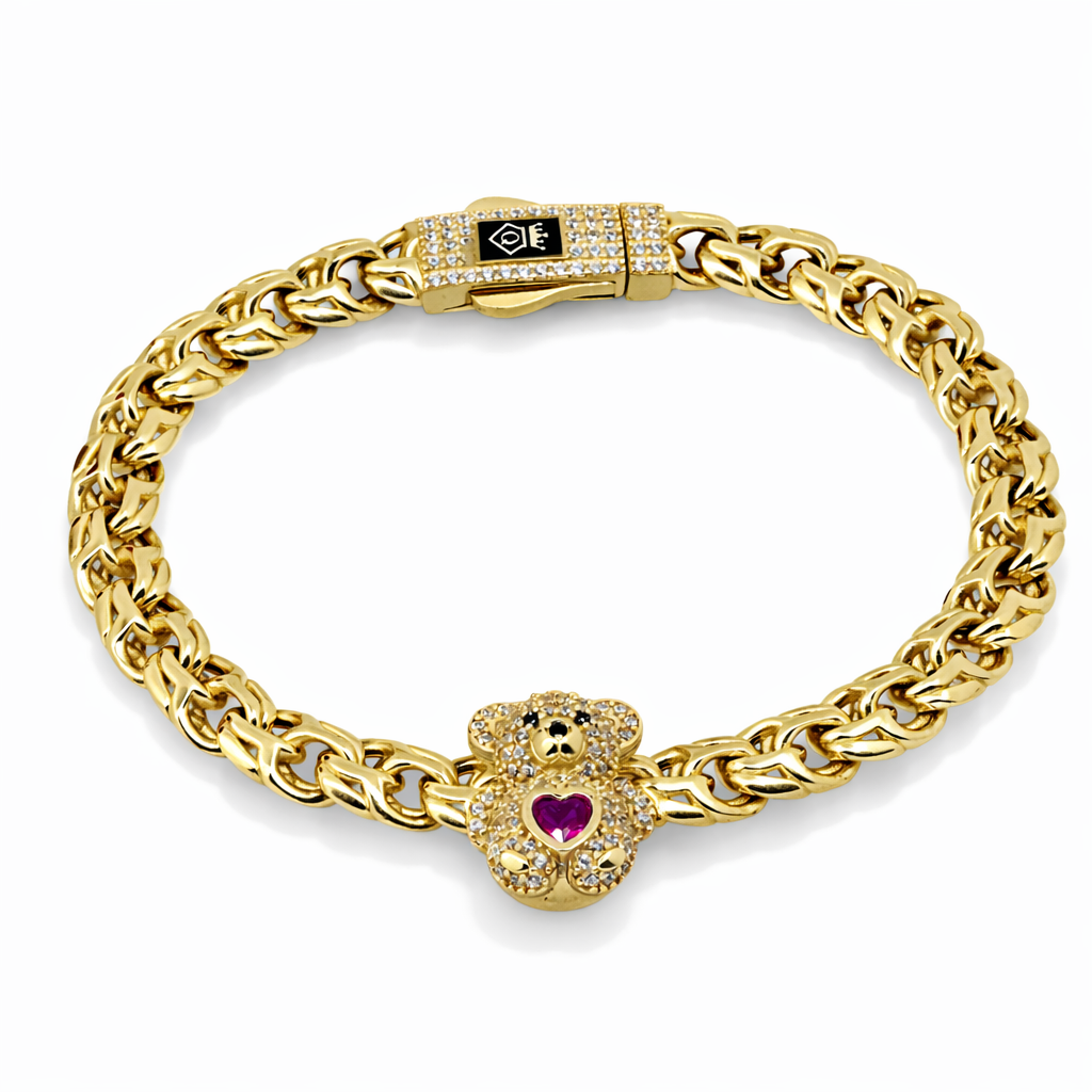14K Yellow Gold CZ Teddy Bear Wheat Link Bracelet