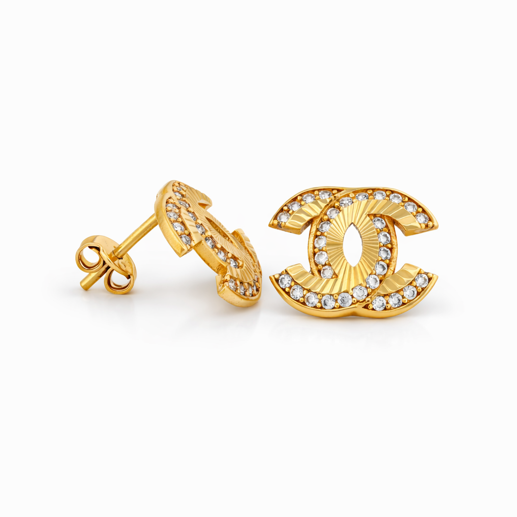 14K Yellow Gold CZ Interlocking C Stud Earrings