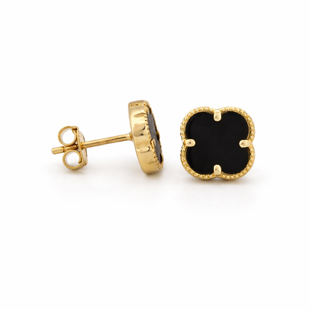 14K Yellow Gold Black Clover Stud Earrings